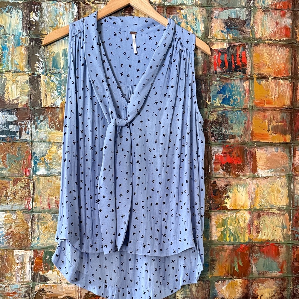 Free People Light Blue Sleeveless Tie-Front Blouse with Black Dot Print